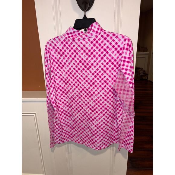 IBKUL Womens Long Sleeve Quarter Zip Golf Top Size XS Pink White Gingham UPF 50+ - Picture 3 of 9